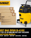 Three Pack Dust Bags For 12 To 16 Gallon Wet Dry Vacuum Cleaner Compatible With DXV12P DXV14P DXV16P DXV16PA DXV16S shown with vacuum