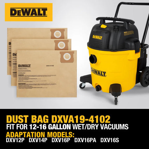 Three Pack Dust Bags For 12 To 16 Gallon Wet Dry Vacuum Cleaner Compatible With DXV12P DXV14P DXV16P DXV16PA DXV16S shown with vacuum