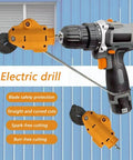 Drill Attachment Metal Shears Power Nibbler Cutter For Quick Metal Cutting attached to a black and orange drill