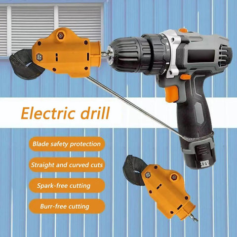 Drill Attachment Metal Shears Power Nibbler Cutter For Quick Metal Cutting attached to a black and orange drill