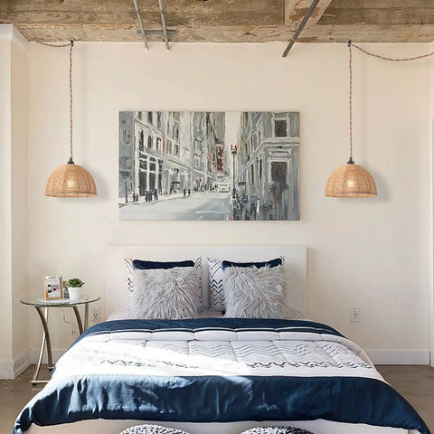 Bedroom with 2 Pack Rattan Plug In Pendant Lights With On Off Switch Vintage Farmhouse Hand Woven Bamboo Dome Lighting over bed.