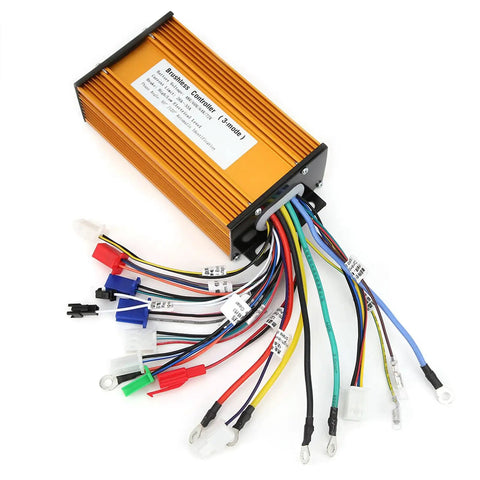 Heavy Duty Brushless Speed Controller For Electric Scooters, orange casing with multiple wires and connectors for installation.