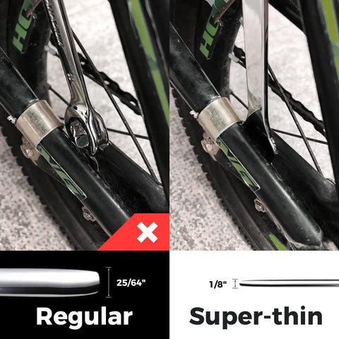 Ultra Thin Open End Wrench Set, SAE 6-Piece With Slim Profile Wrenches, comparison of regular vs super-thin design on bike