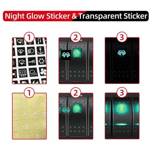 Night glow and transparent stickers for 12 Volt Green LED 6 Gang Rocker Switch Panel With USB Charger And Cigarette Lighter Socket Voltmeter