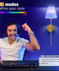 Gold Wireless Wall Sconces Set Of Two With Rechargeable Led Lights Remote Dimmable Switch Ten Adjustable Color Modes Zero Wiring No Fuss Setup, displayed with RGB settings.