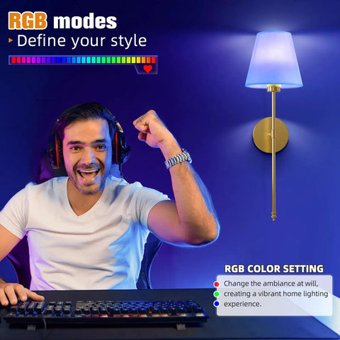 Gold Wireless Wall Sconces Set Of Two With Rechargeable Led Lights Remote Dimmable Switch Ten Adjustable Color Modes Zero Wiring No Fuss Setup, displayed with RGB settings.