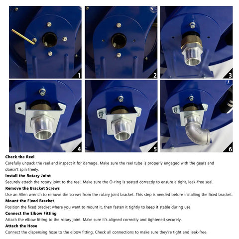 Installation steps of Auto Rewind Fuel Hose Reel Three Quarters Inch By Thirty-Three Feet With Diesel Nozzle And Swivel, showing screw and fitting components.