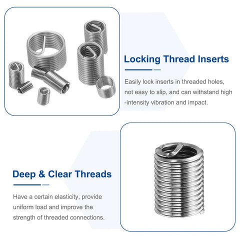 Wire Thread Inserts M5 x 0.8 Helical 2D 10mm Stainless Steel 304 Coiled Thread Repair Kit 50 Pieces For Mechanical Equipment And DIY Metal Repairs For Versatile Machinery Repair And General Metalwork, showing locking thread inserts and deep threads.