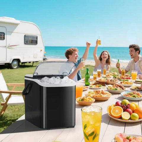 Countertop Ice Maker With Handle Auto Clean Portable Ice Maker 26 Lbs In 24 Hours in use at a picnic with a camper in background