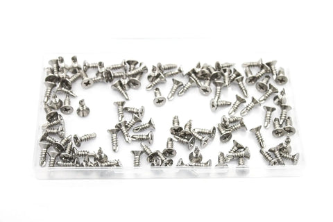 Built Tough 100 Piece Set Of Size 8 By 1 2 Inch 304 Stainless Steel Pan Head Phillips Self Tapping Sheet Metal Screws arranged in a clear container.