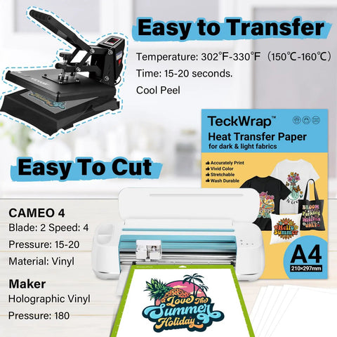 Cameo 4 and heat transfer paper kit, Easy to Transfer, Printable Heat Transfer Paper Kit For Tees, 15 Sheets 8.3 By 11.7 Inches