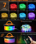 Retractable 32.8 Feet RGB Camping String Lights With Rechargeable LED Fairy Lights Outdoor Waterproof Portable Lantern for Tent and RV showcasing 19 color modes including music synced options.