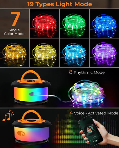 Retractable 32.8 Feet RGB Camping String Lights With Rechargeable LED Fairy Lights Outdoor Waterproof Portable Lantern for Tent and RV showcasing 19 color modes including music synced options.
