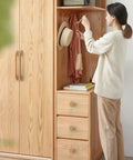 Woman organizing wardrobe with 4 Pcs Beech Wood Drawer Handles Flat Cabinet Pulls 128mm Center To Center Hole Distance
