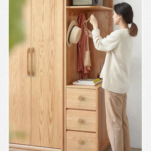 Woman organizing wardrobe with 4 Pcs Beech Wood Drawer Handles Flat Cabinet Pulls 128mm Center To Center Hole Distance