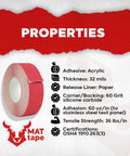 Red MAT tape roll with properties: adhesive acrylic, 32 mil thickness, release liner paper, 60 grit silicone carbide backing, OSHA certified.