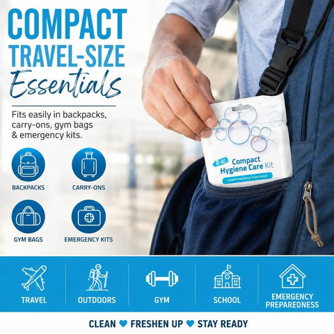 Person placing compact hygiene care kit into blue backpack pocket.