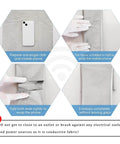Demonstration of Faraday Shield Fabric for EMF protection wrapping a phone in silver copper nickel polyester blend.