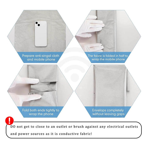 Demonstration of Faraday Shield Fabric for EMF protection wrapping a phone in silver copper nickel polyester blend.