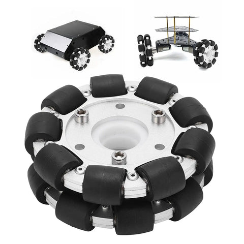 100mm Double Aluminum Omni Wheel For Robots, Heavy Duty 30Kg Load Capacity, 18 Rubber Rollers, Smooth 360 Degree Movement For Platform Robotic Kits And Easy Assembly Included, shown with model robotic platforms