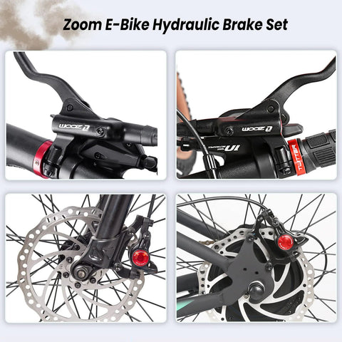 Zoom e-bike hydraulic brake set with 2-piston calipers and 180mm rotors for front and rear, includes 2-pin sensor
