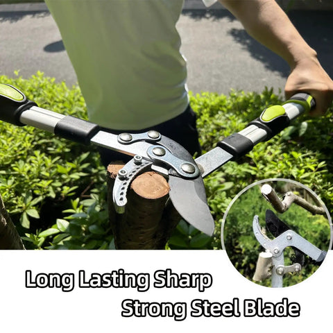 Beast Heavy Duty Tree Loppers With Extendable 21 To 26 Inch Handles cutting branch, compound action pruner, steel blade visible