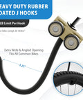 Close-up of heavy-duty rubber-coated J hooks with 3.25-inch angled opening, part of Rugged Heavy Duty Ceiling Bike Rack That Slides For Up To Six Bicycles Overhead Garage Storage Mount With 51 Inch Rails Black Steel Hanging Hooks Supporting Up To 450 Pounds Easy Install Bike Ceiling Mount.
