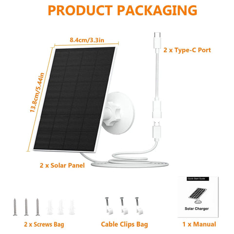 2W Solar Panel For Security Cameras, Solar Charger With Micro USB And USB C Port Including Mount and Accessories