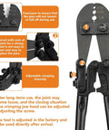 Heavy Duty Wire Rope Crimping Tool Kit With 14 Inch Swaging Tool And Wire Rope Cutter For One Sixteenth To One Eighth Inch Crimping Loop Sleeves Cable Crimper All In One Pro Grade Set For Aluminum And Copper Sleeves showing crimping intensity adjustment and fixed jaws.