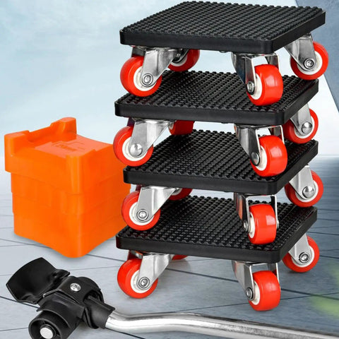 Heavy Duty Furniture Movers Lifter Set Stackable Low Clearance Glides with wheels and lifter tool for easy movement.