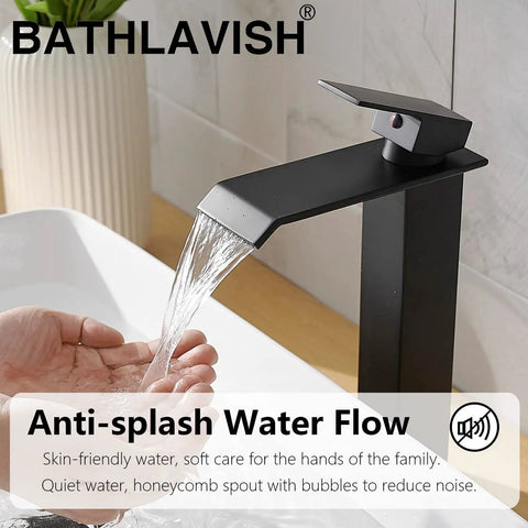 Matte Black Vessel Sink Faucet Solid Brass Tall Waterfall Style for single hole sinks shown with water flow in modern bathroom