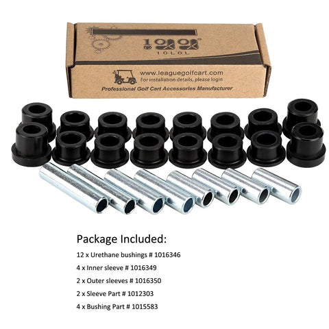 Heavy Duty Golf Cart Front Suspension Kit For Club Car DS 1992 Up 12 Piece Spring Bushing Set With Sleeves, black urethane bushings and metal sleeves