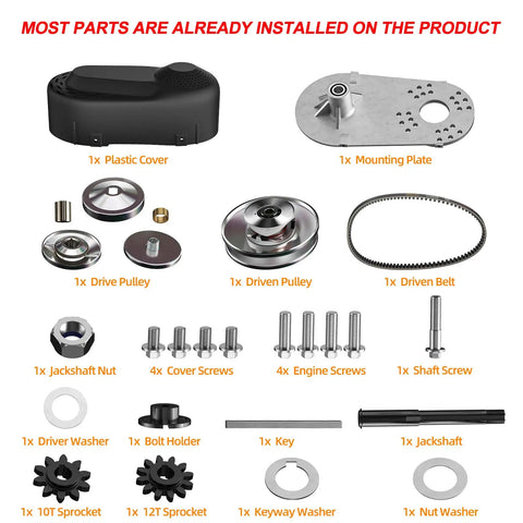 Heavy Duty 212cc Torque Converter Go Kart Clutch Kit with components including sprockets, pulleys, belt, and mounting plate