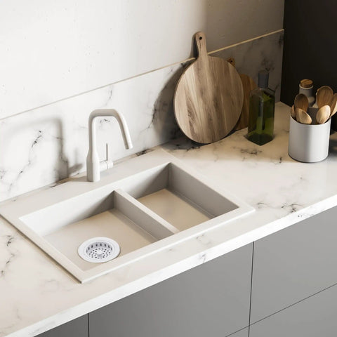 Big Post Style Brass Kitchen Sink Basket Strainer With White Powder Coat Finish in modern kitchen setting.