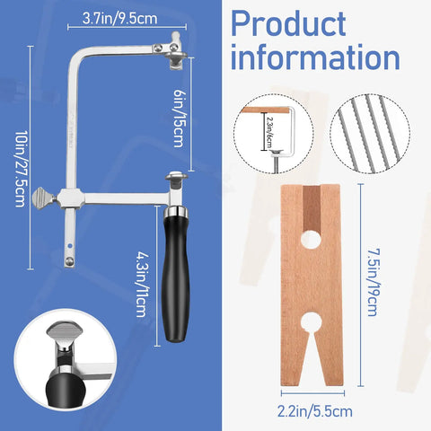 All In One Jewelry Making Tool Kit With Saw Frame And 144 Blades, Bench Pin Clamp, measurements and details shown