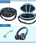 Rugged EVA Hard Shell Travel Case for Wireless Foldable Headphones, 7.4 x 4.7 inches, black and blue with measurements.