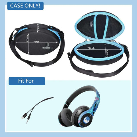 Rugged EVA Hard Shell Travel Case for Wireless Foldable Headphones, 7.4 x 4.7 inches, black and blue with measurements.