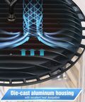 Close-up of cooling design on die-cast aluminum housing of 6 Pack 400W UFO LED High Bay Light Fixtures, 120V, 5000K Daylight, 61,000 Lumens, Hella Bright, 150 Lumens Per Watt, 1,750W HID HPS Equivalent, US Plug, Warehouse, Barn, Gym, Factory, And Workshop Lighting.