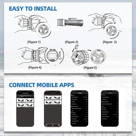 Instruction manual for Eyepiece Telescope Camera With 2.5K Video Recording For 24mm To 50mm Eyepieces showing installation and app interface.