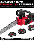 10 Inch Cordless Chainsaw With Brushless Motor Auto Oiler For Wood Cutting Battery Powered Mini Chainsaw Tool Only Compatible With 18V Lithium Ion Batteries Killer For Yard Work And Quick Cuts shown with Milwaukee 18V battery options.
