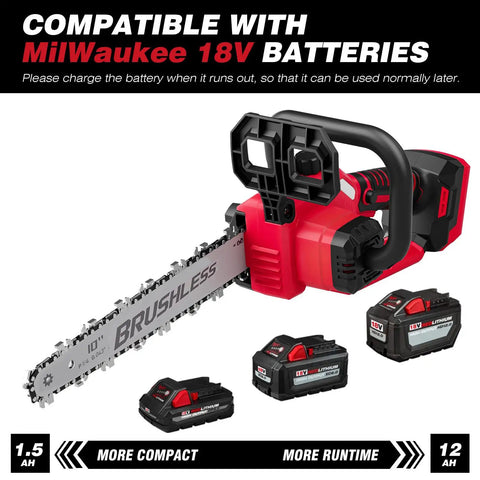 10 Inch Cordless Chainsaw With Brushless Motor Auto Oiler For Wood Cutting Battery Powered Mini Chainsaw Tool Only Compatible With 18V Lithium Ion Batteries Killer For Yard Work And Quick Cuts shown with Milwaukee 18V battery options.