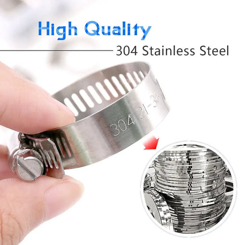 Close-up of 304 stainless steel clamp from 60 Piece Hose Clamp Kit In 6-38mm Range for plumbing, auto and mechanical projects.