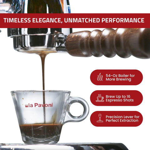 Handcrafted Italian 16 Cup Lever Espresso Machine Featuring Chrome Copper Body And Rosewood Handles Dual Frothing System A Straight Up Kitchen Showstopper For Smooth Morning Pulls with espresso pouring into a glass cup.