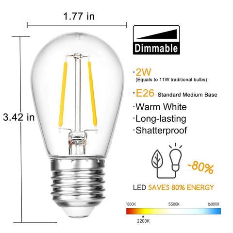 24 Pack Dimmable Shatterproof S14 LED Replacement Outdoor String Light Bulbs 2200K Warm White 2W Plastic LEDs with E26 base