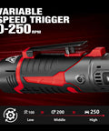 Cordless Three Eighths Inch Ratchet Wrench Set With Extended Head For Tight Spots, variable speed trigger close-up