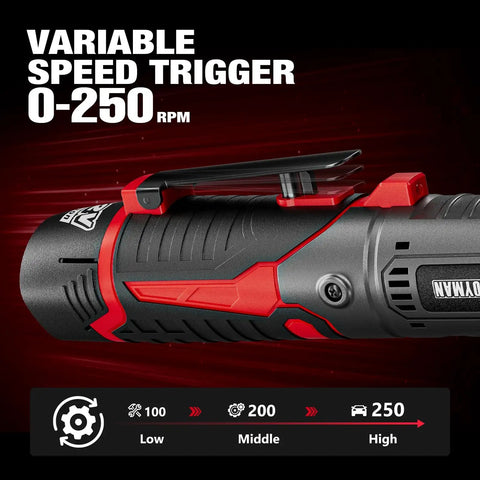Cordless Three Eighths Inch Ratchet Wrench Set With Extended Head For Tight Spots, variable speed trigger close-up