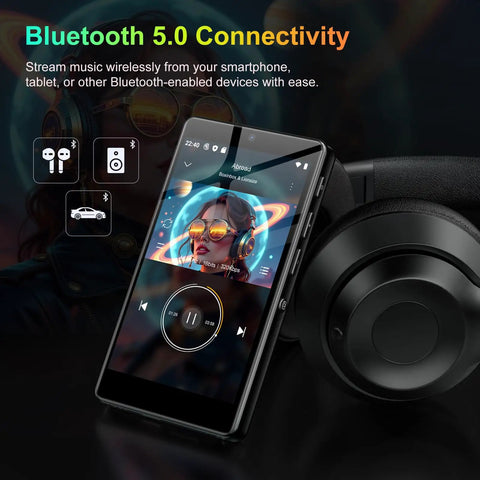 Close-up of the 32GB MP3 Player With Bluetooth And Camera Android 13 Music And Video Player With 4 Inch Touchscreen next to headphones