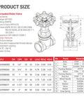 Technical diagram of a threaded globe valve with dimensions and material specifications for industrial pipeline use.