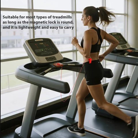 Woman jogging on treadmill with 3 Pack Universal Treadmill Safety Keys Magnetic Emergency Stop Key Set for Quick Stop Protection.