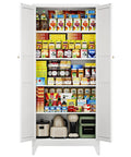 Badass Heavy Duty Metal Storage Cabinet With Two Doors And Four Expansive Shelves, stocked with food items and kitchen appliances.